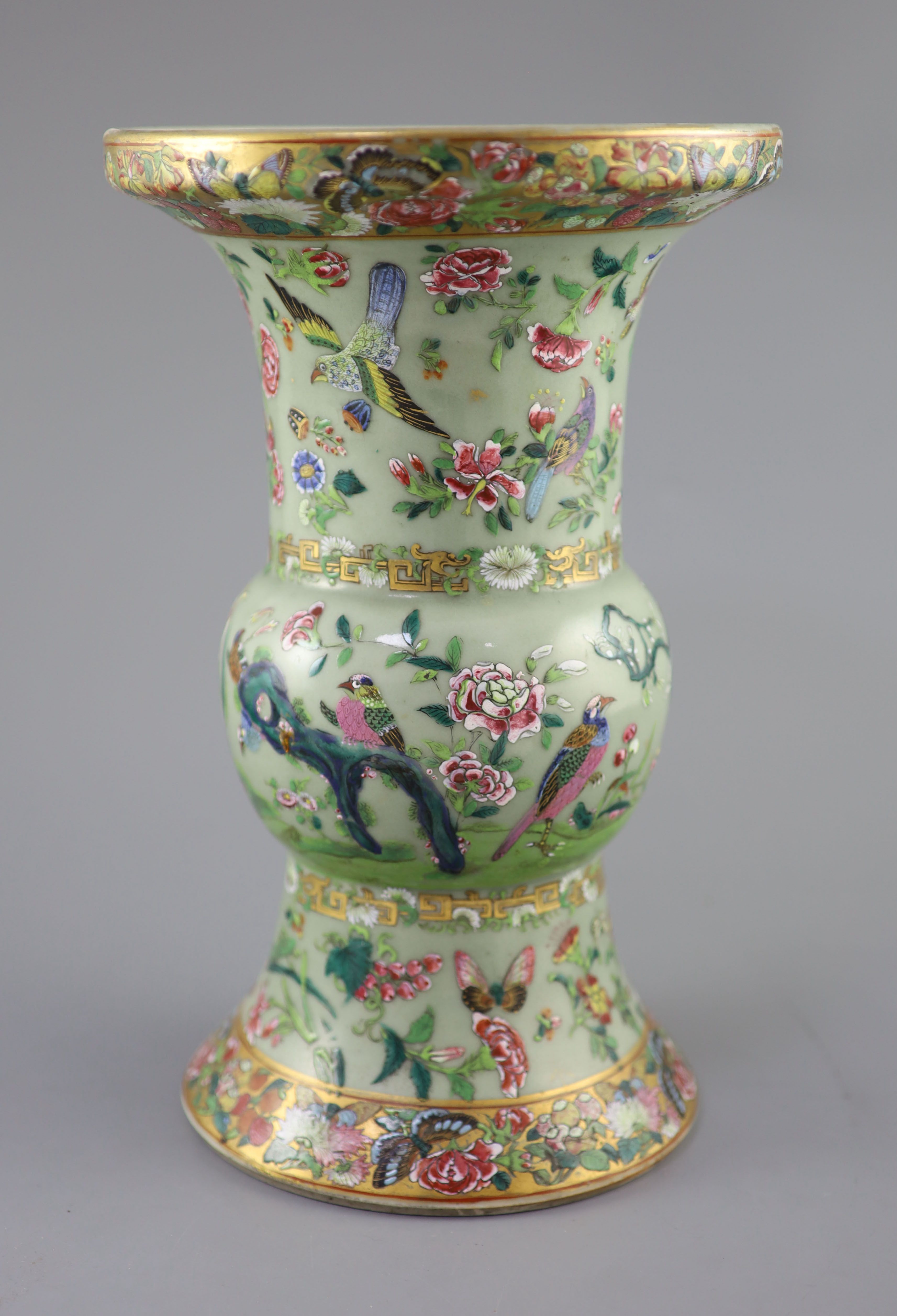 A Chinese Canton decorated celadon ground vase, zun, c.1830, 32.5cm high